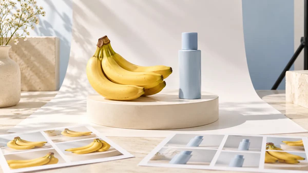 Bananas and a bottle in a product studio illustrating product image generation.